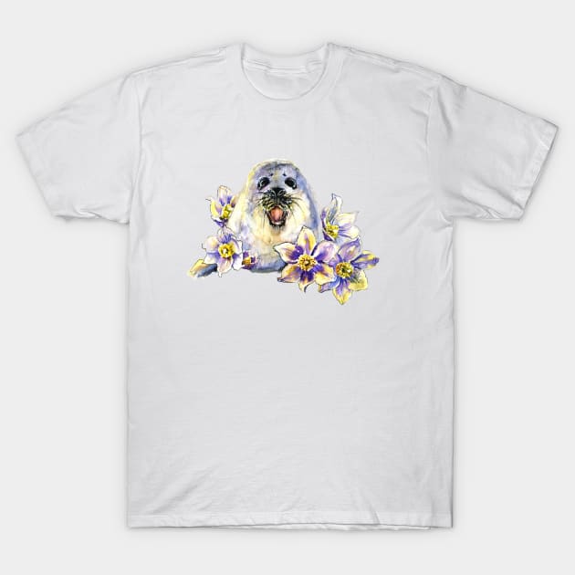 White seal with flowers T-Shirt by victoriazavyalova_art
